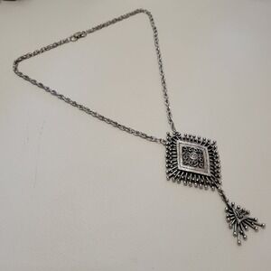 Vintage HOLLYCRAFT Signed Atomic Silver Tone Necklace Pendant with Dangle